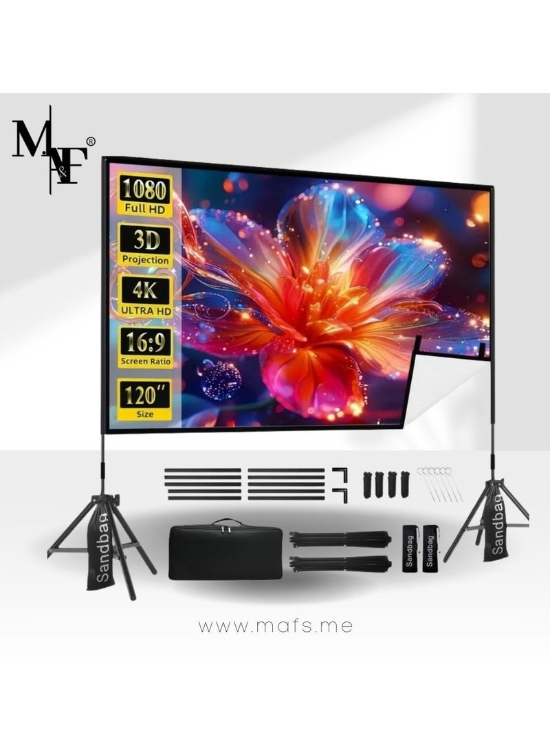 M.A&F's Projector Screen with Stand -120 inch 16:9 4K HD Portable Outdoor Indoor Projector Screen Rear Front Projection Screen Lightweight Movie Screen with Four-Legged Frame Carry Bag for Home Theater - Image 1